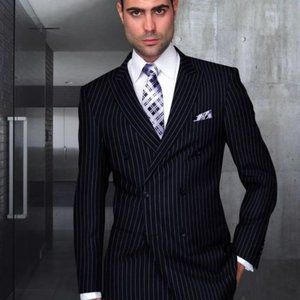 Statement Black Italian Double Breasted Pure Wool Pinstripe Luxury Blazer(ITALY)